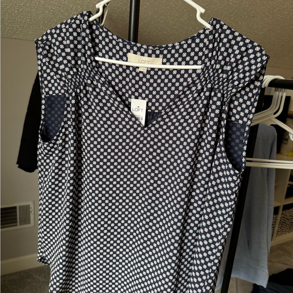 LOFT Navy and White Patterned Blouse